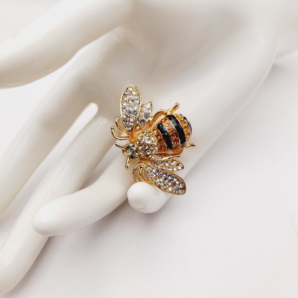 Bee Gold Plated Brooch, Insect Pin Clear Black Yellow Rhinestones Signed Ricinni - Picture 9 of 11